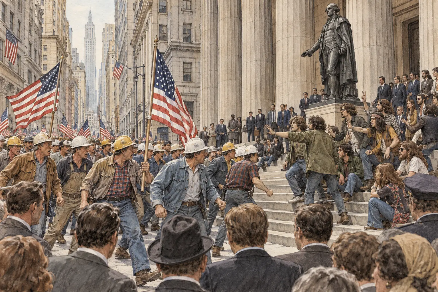 On 8 May 1970, four days after Kent State, hundreds of construction workers attacked student anti-war protesters on Wall Street in what became known as the Hard Hat Riot.