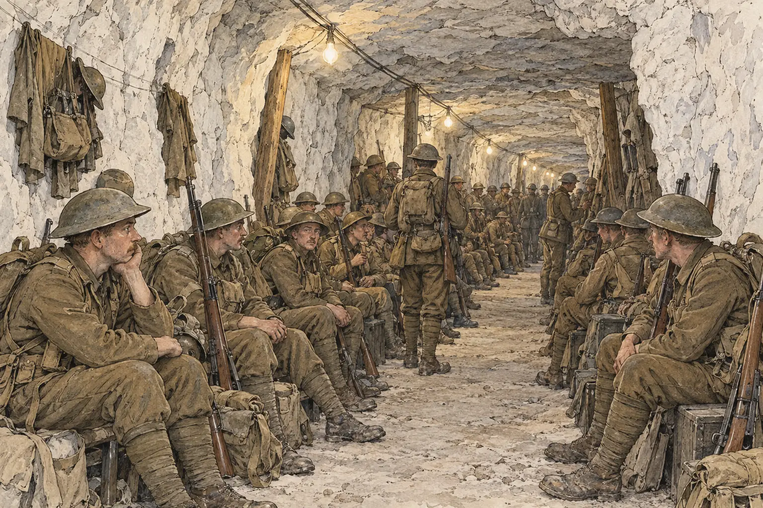 At Arras in 1917, old quarries and tunnels beneath the city sheltered troops and medical posts from shellfire