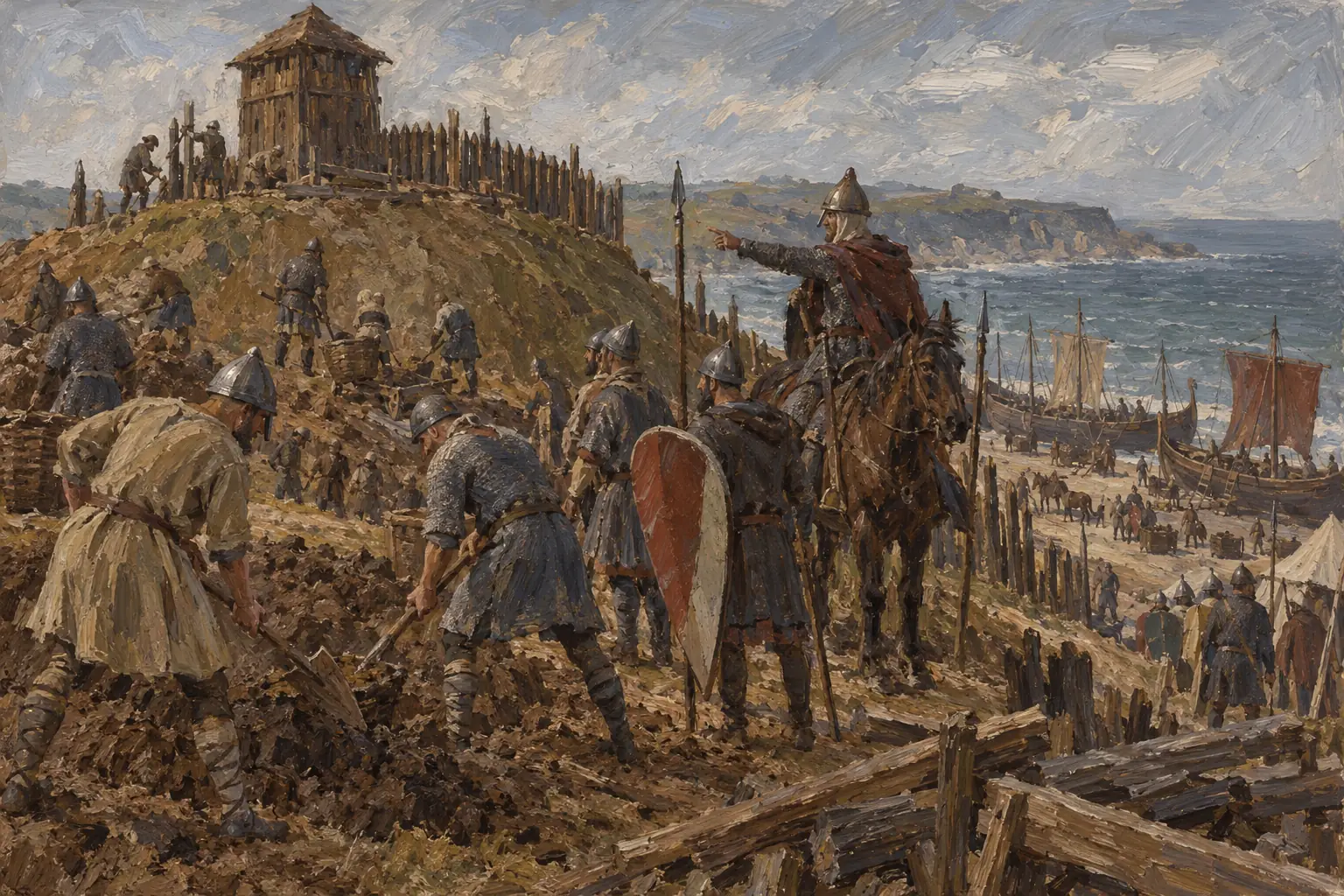 William's men built a motte-and-bailey castle at Hastings in 1066, a scene shown in the Bayeux Tapestry.