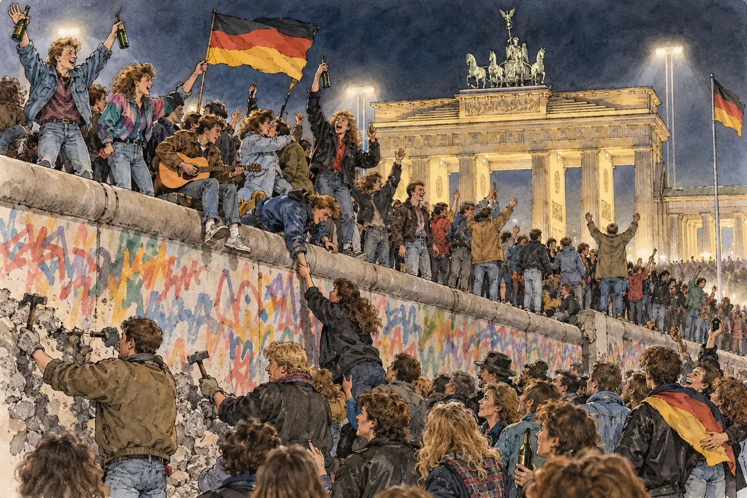On the night of 9 November 1989 Berliners climbed on the wall at the Brandenburg Gate and began to chip pieces off it.