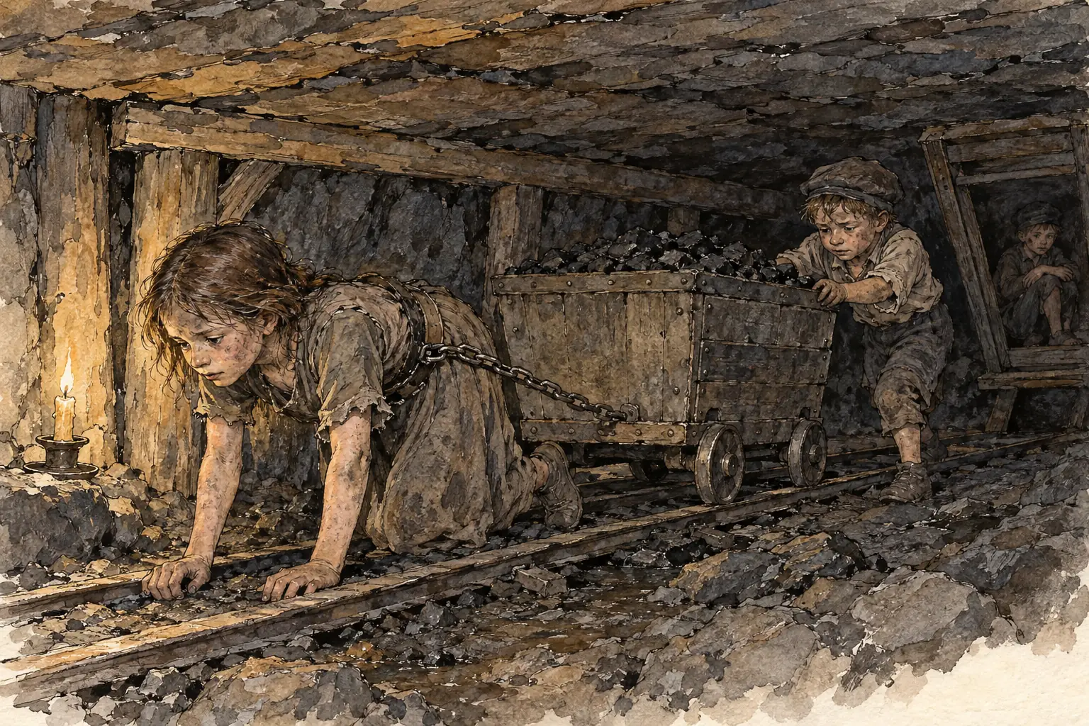 Girls and young children hauled coal tubs underground until the Mines Act of 1842 banned women and young boys from working below ground