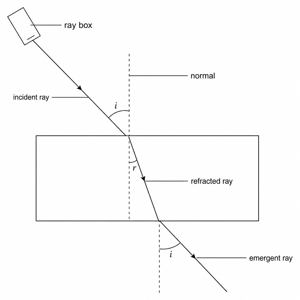 A ray from a labelled ray box crosses a dashed normal into a rectangular block, bending at angle r inside and leaving at angle i, labelled incident ray, refracted ray and emergent ray.