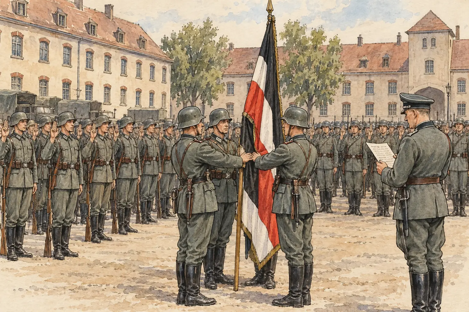 After Hindenburg died on 2 August 1934, soldiers swore a personal oath of unconditional obedience to Hitler instead of to the constitution.