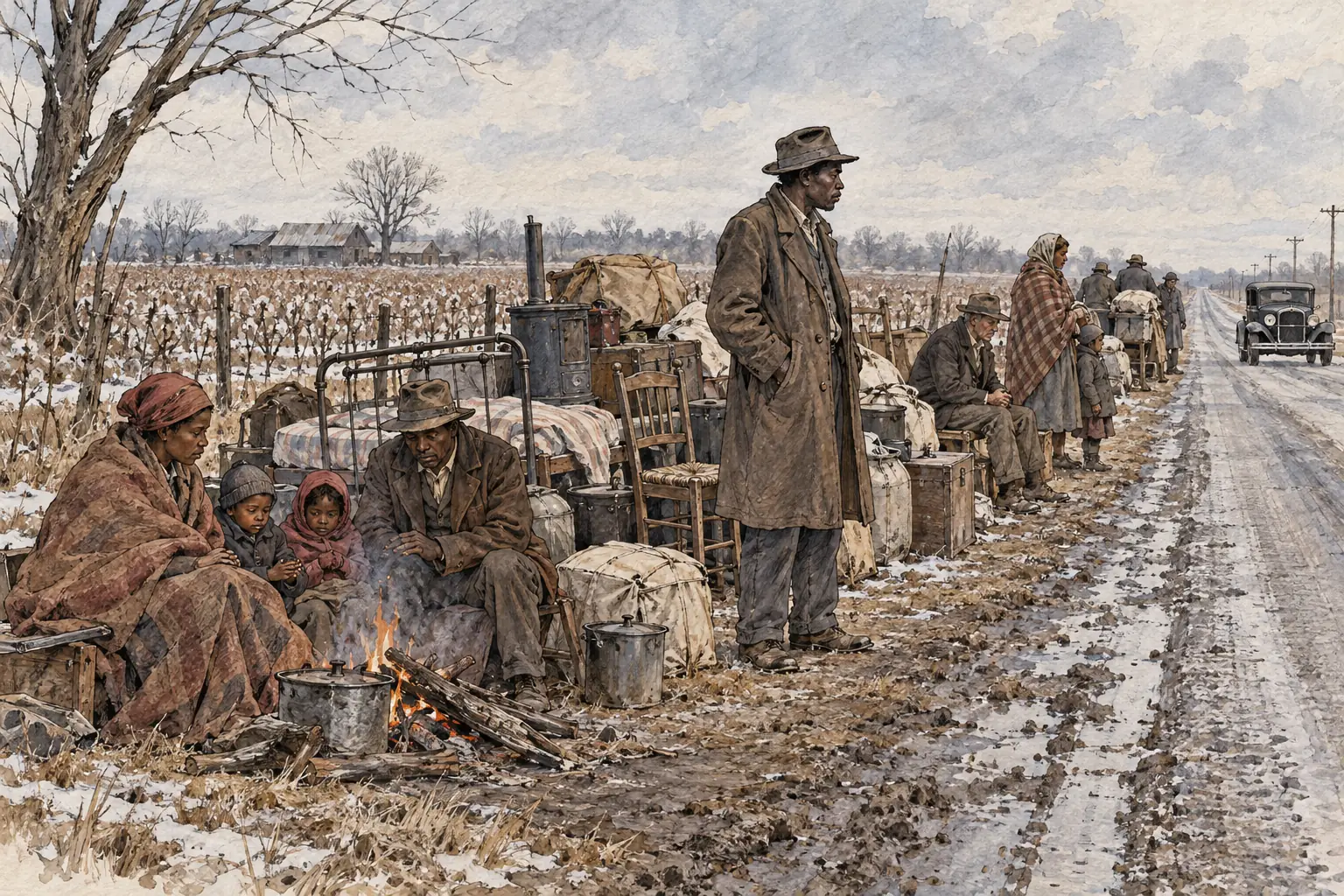 In January 1939 evicted sharecroppers camped along the roadsides of south-east Missouri, after landowners paid by the AAA to grow less had turned them off the land.