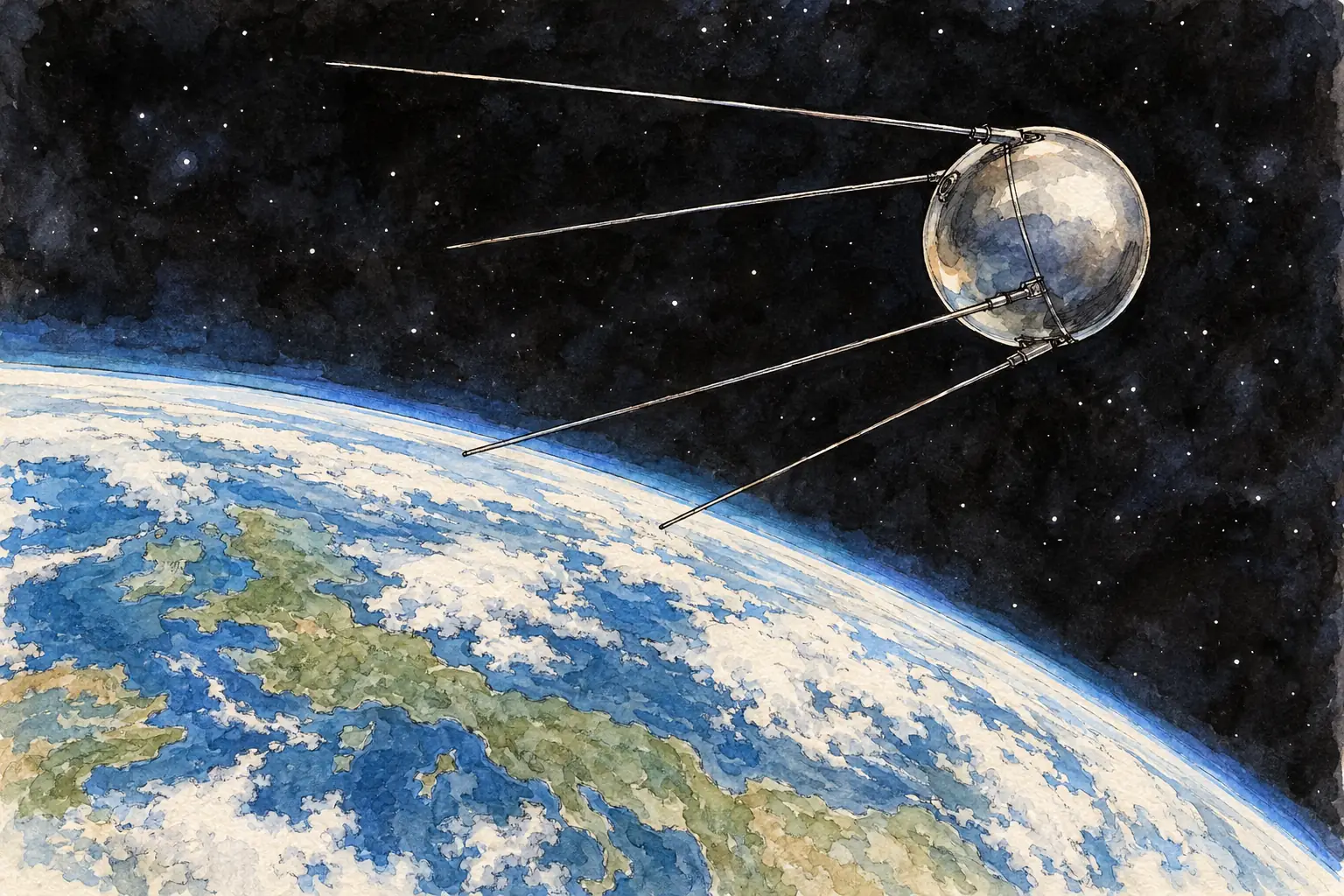 Sputnik 1, launched on 4 October 1957, was a metal sphere 58 centimetres across that sent out a radio signal as it orbited