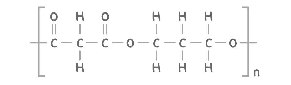 The repeat unit in brackets with subscript n and open bonds through both brackets, drawn out in full: -CO-CH2-CO-O-CH2-CH2-CH2-O-.
