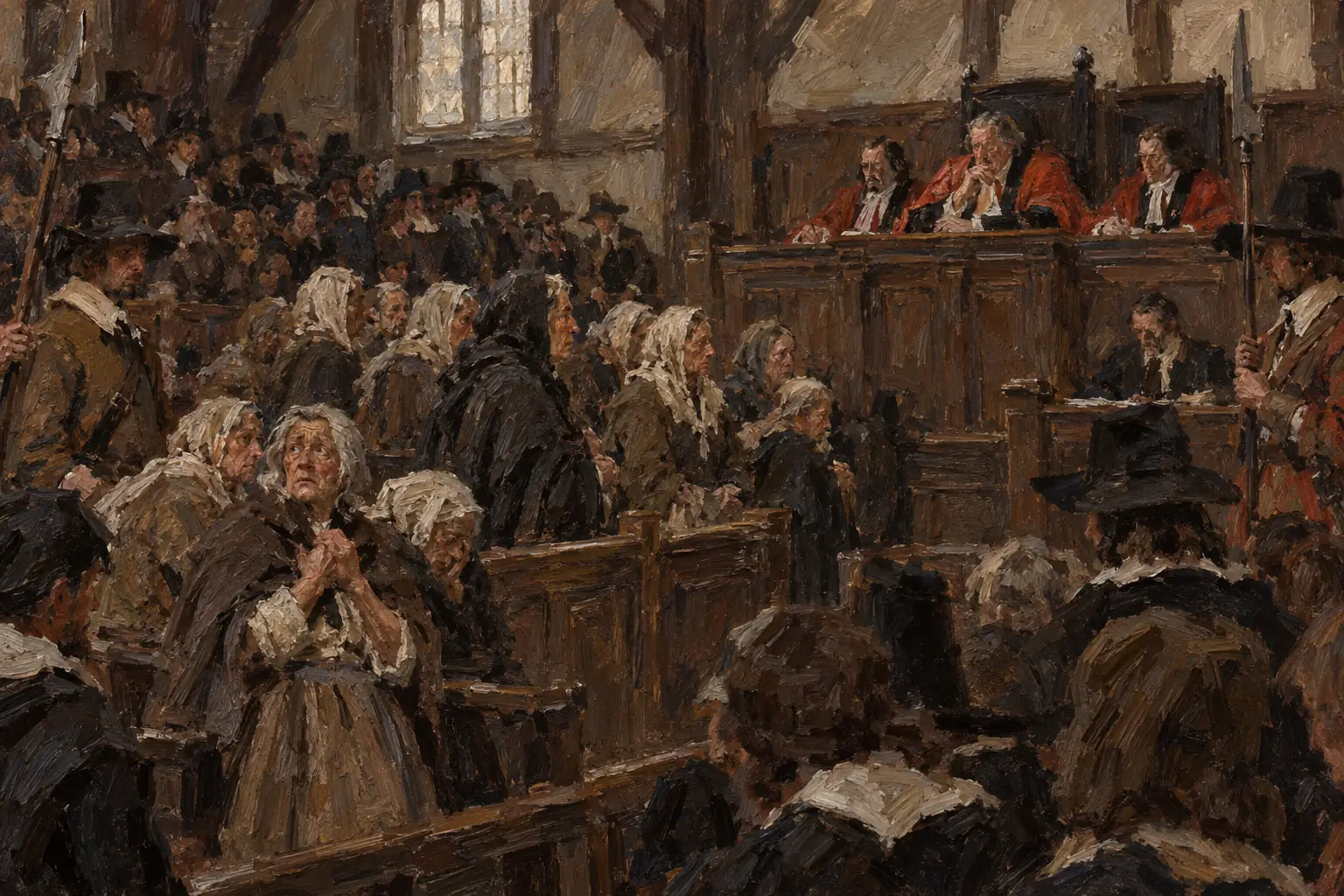 In July 1645 large numbers of accused women were tried together at Chelmsford, and more than 100 people were hanged in the hunts as a whole.