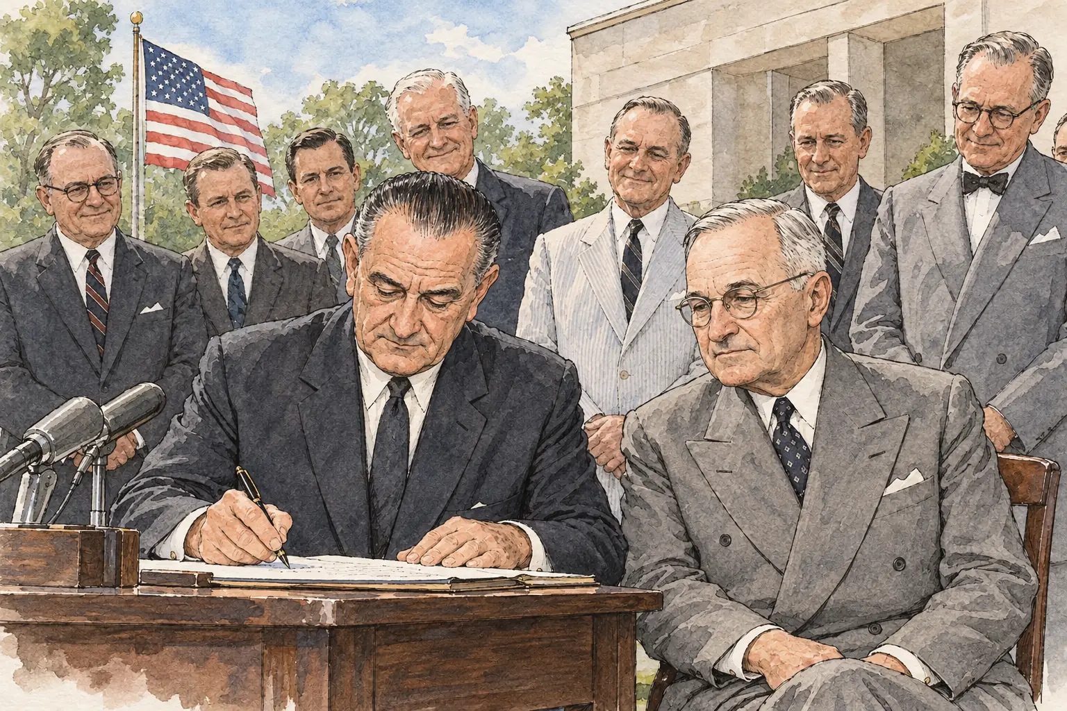 He signed the Medicare bill on 30 July 1965 at the Truman Library in Missouri, with former President Truman beside him
