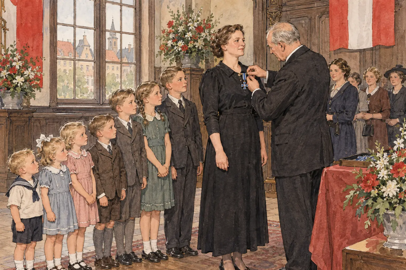 The Mother's Cross was awarded in bronze for four or five children, silver for six or seven and gold for eight or more