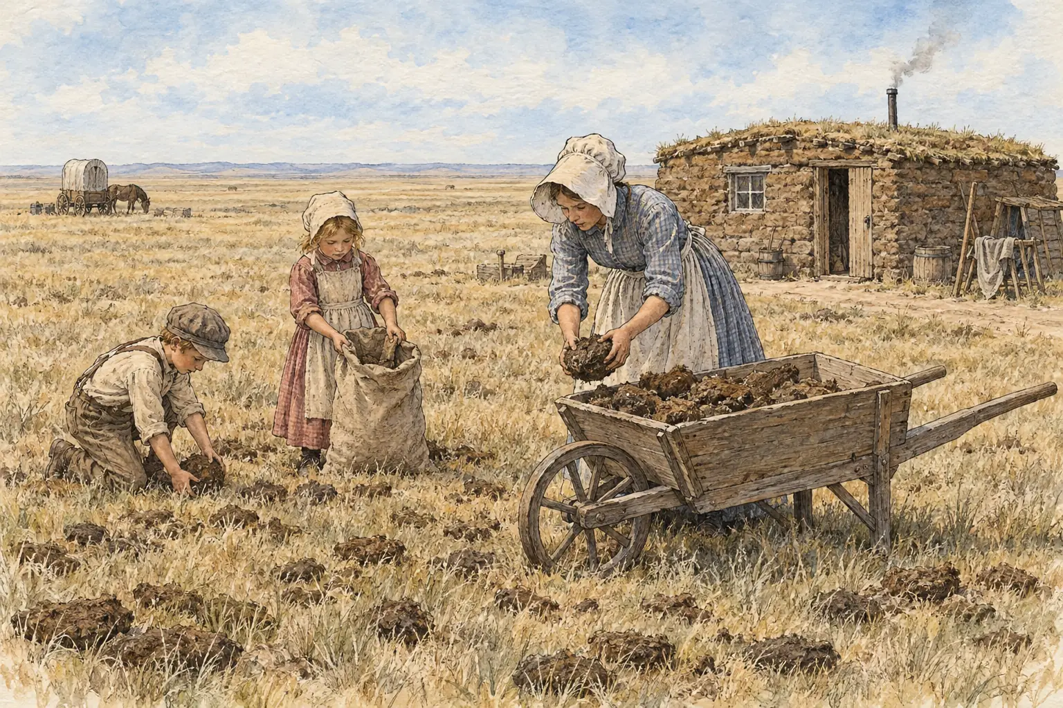 With almost no wood on the Plains, homesteaders burned dried buffalo dung, called buffalo chips, for cooking and heating.