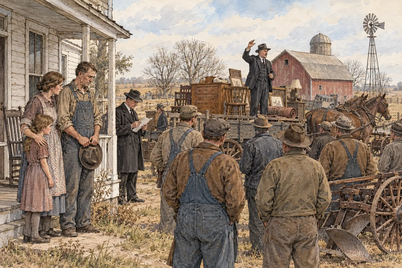 When farmers could not repay their loans, banks seized their farms and sold their land, animals and belongings at auction