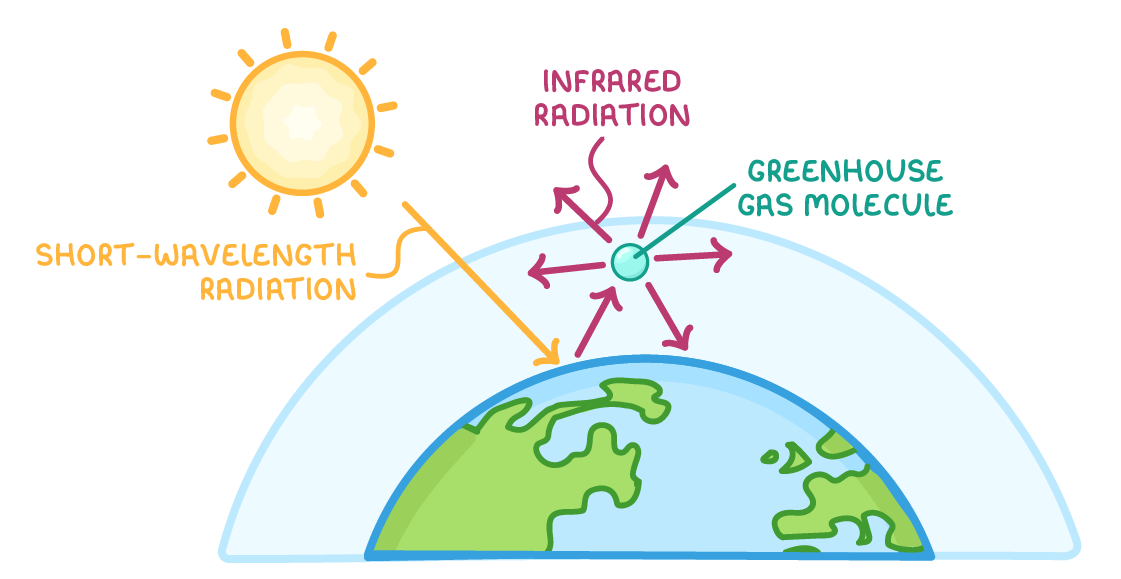 An arrow labelled short-wavelength radiation passes from the Sun through the atmosphere to the Earth; an arrow from the surface reaches a greenhouse gas molecule, which sends infrared radiation arrows out in all directions.