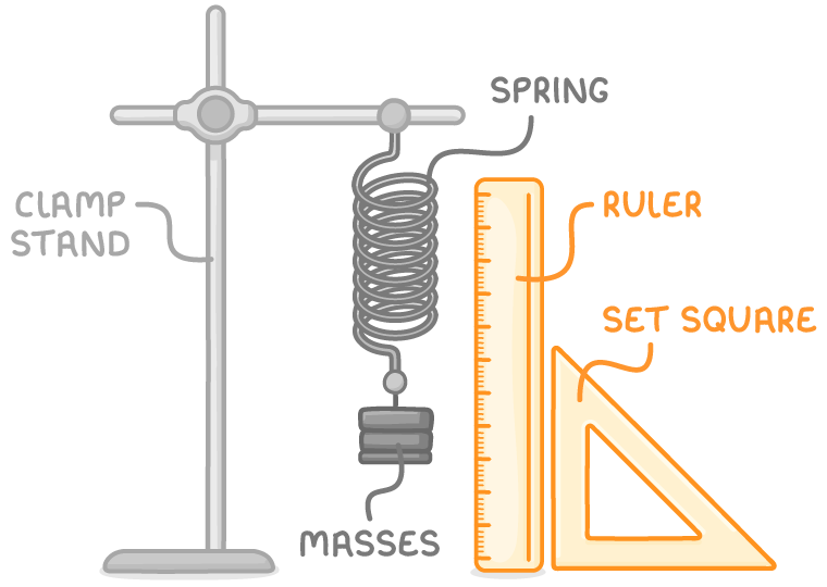 A spring hangs from the arm of a clamp stand with slotted masses on its hook, a vertical ruler and a set square standing alongside, labelled clamp stand, spring, masses, ruler and set square.