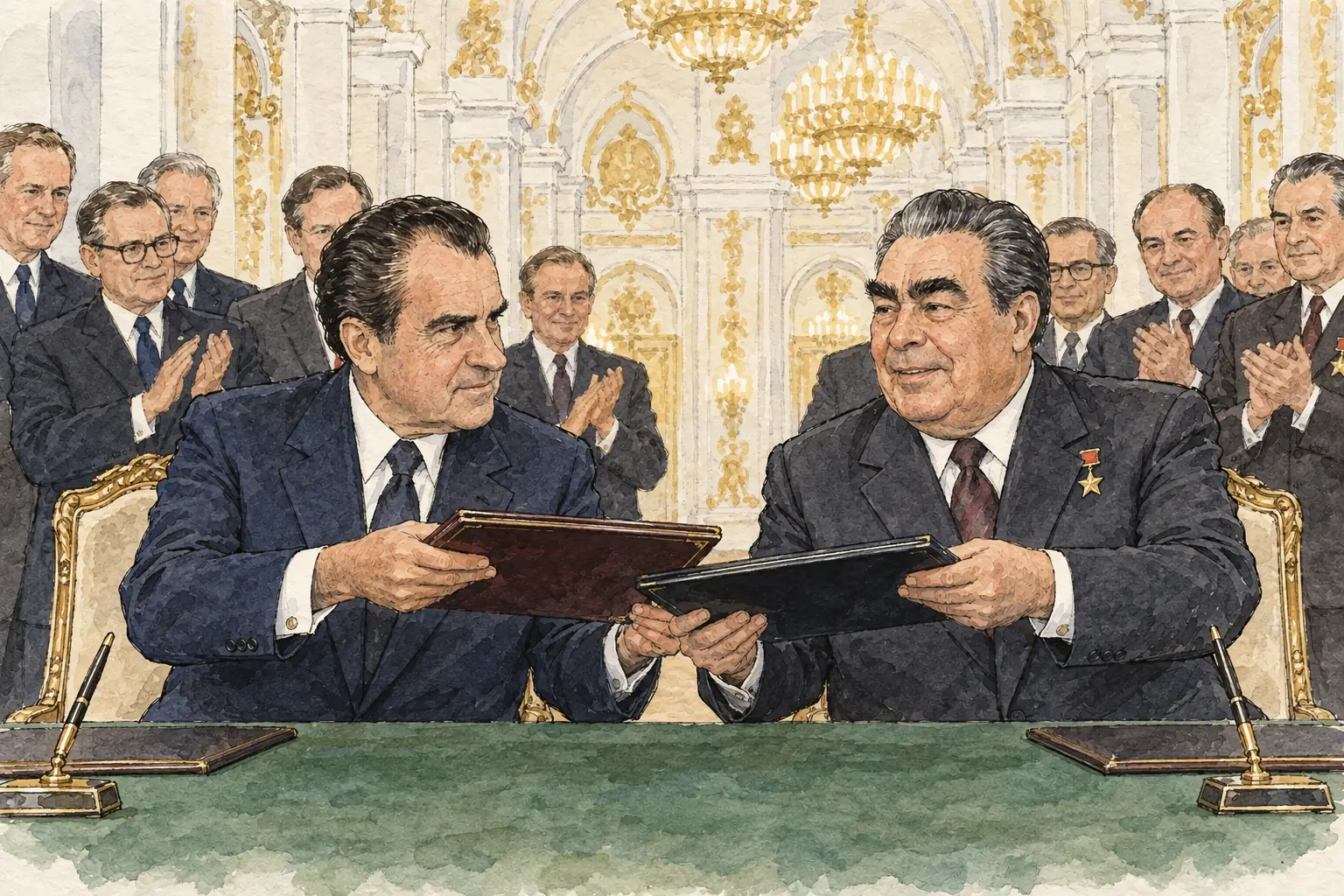 Nixon and Brezhnev signed the ABM Treaty and the Interim Agreement in the Kremlin on 26 May 1972.