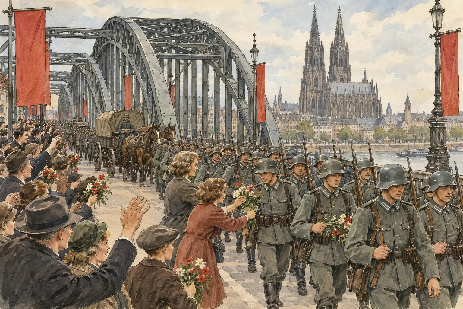 German troops marched into the Rhineland on 7 March 1936 and were welcomed by crowds in cities such as Cologne.