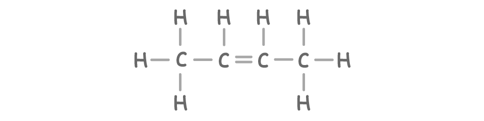A four-carbon chain with every atom and bond drawn, a double bond between the second and third carbons, three hydrogens on each end carbon and one on each middle carbon, with no labels.