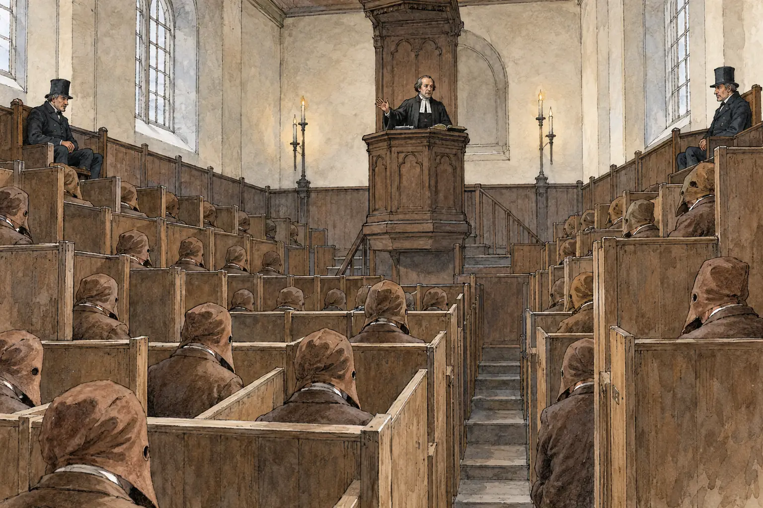 Even in chapel, prisoners sat in separate stalls and wore masks so that they could not see one another