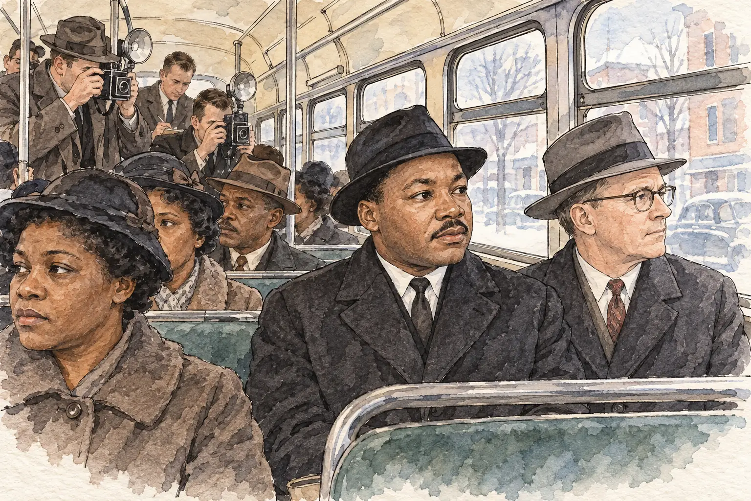 After the Supreme Court's order reached Montgomery in December 1956, King rode near the front of an integrated city bus beside Glenn Smiley, a white minister.