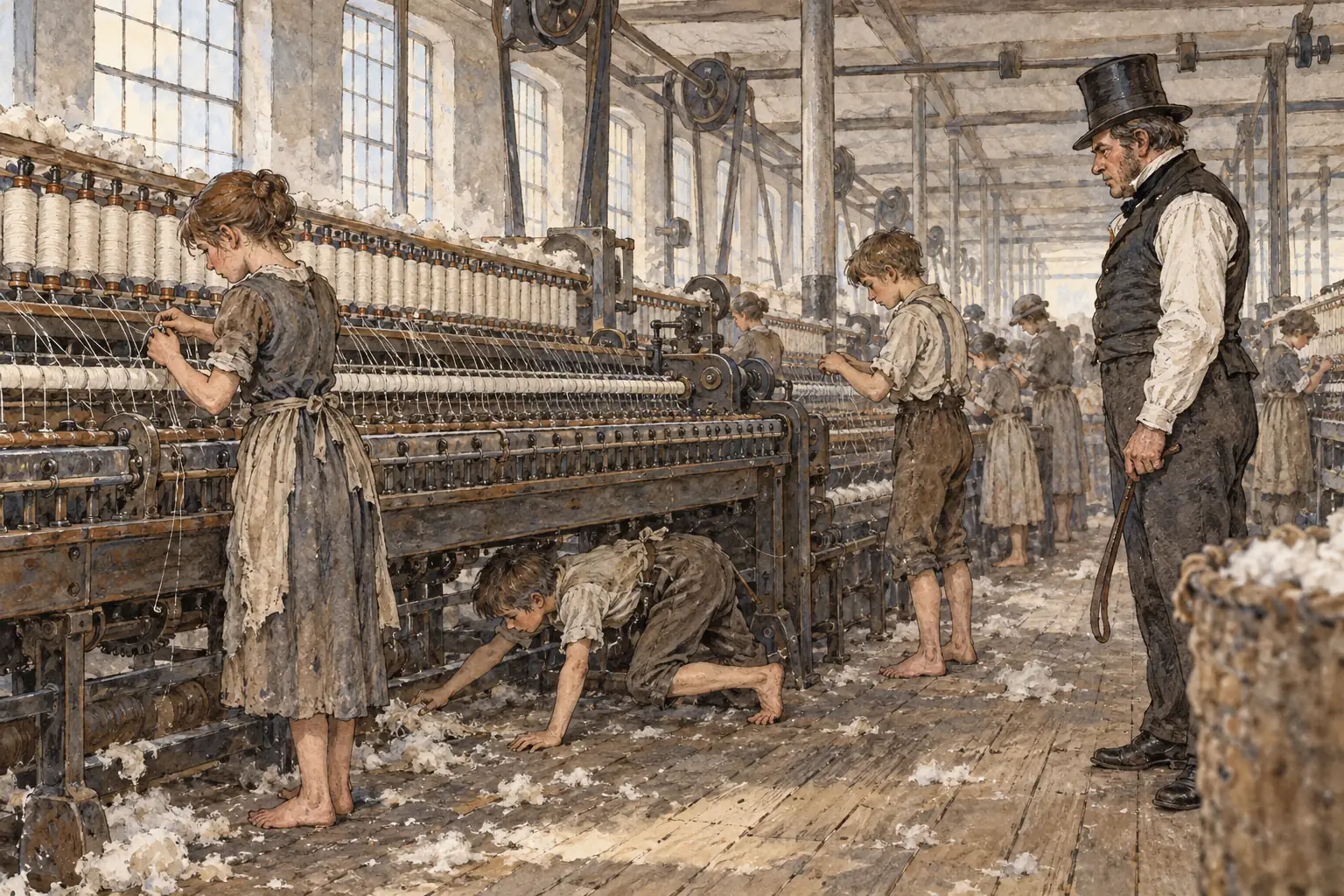 Young children worked long hours in textile mills, crawling under the machines to clean them