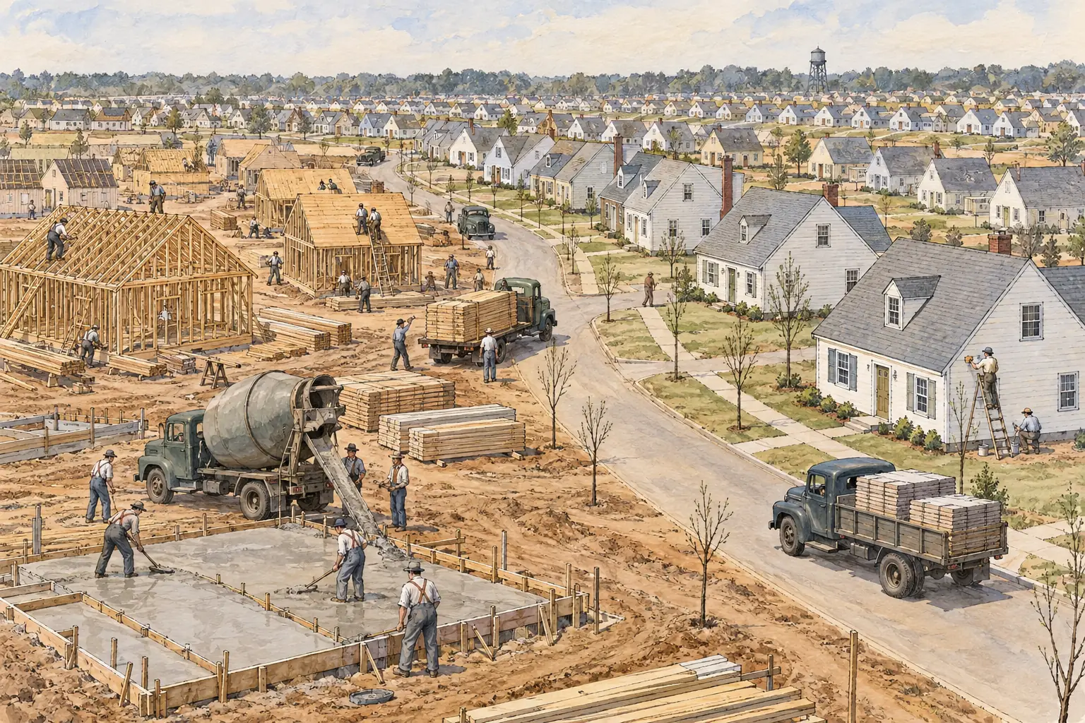 From 1947 the builders of Levittown on Long Island used assembly-line methods to put up thousands of identical, affordable houses