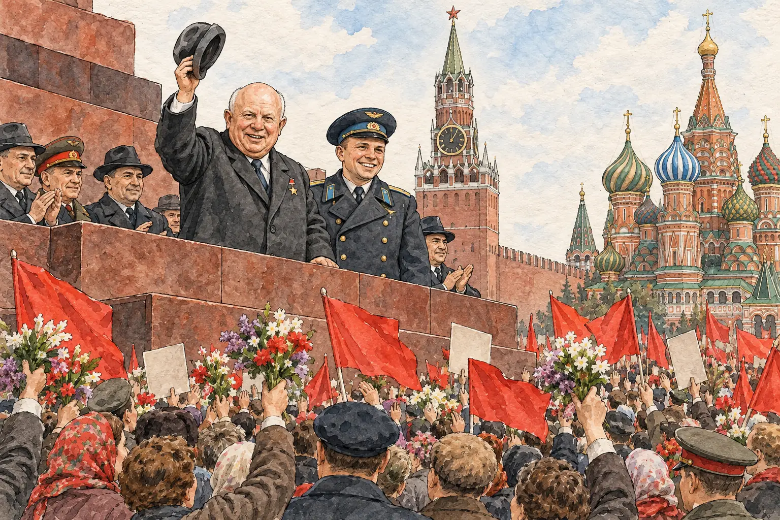 Khrushchev welcomed Gagarin at a huge celebration in Red Square on 14 April 1961