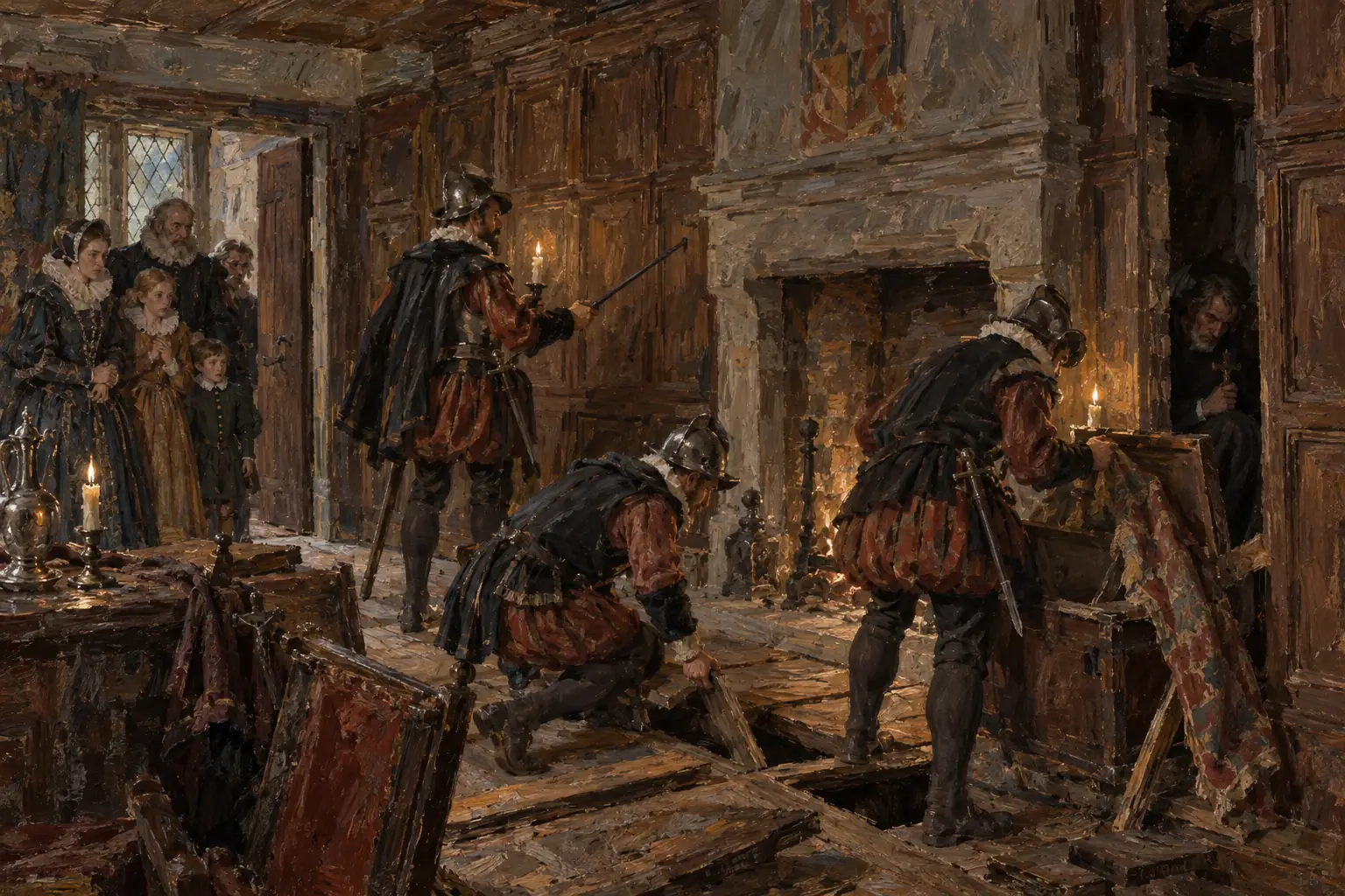 Catholic families hid priests in priest-holes, while government searchers raided their houses looking for them.