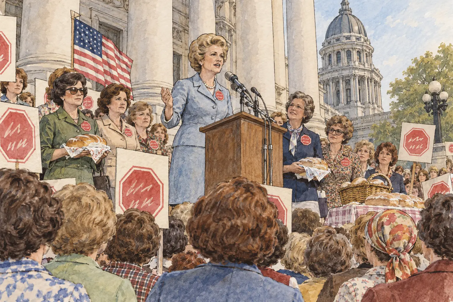 Phyllis Schlafly's STOP ERA campaign argued that the amendment would harm housewives and families, and its supporters lobbied state legislatures not to ratify it.