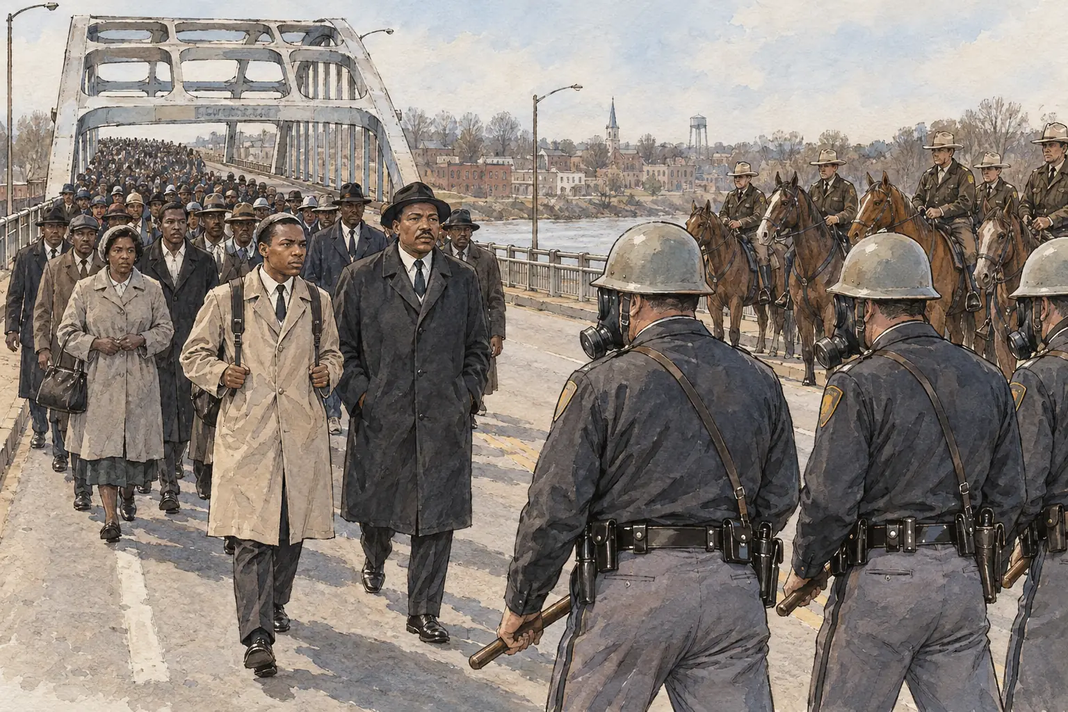 On Bloody Sunday, 7 March 1965, state troopers stopped the marchers at the Edmund Pettus Bridge and attacked them