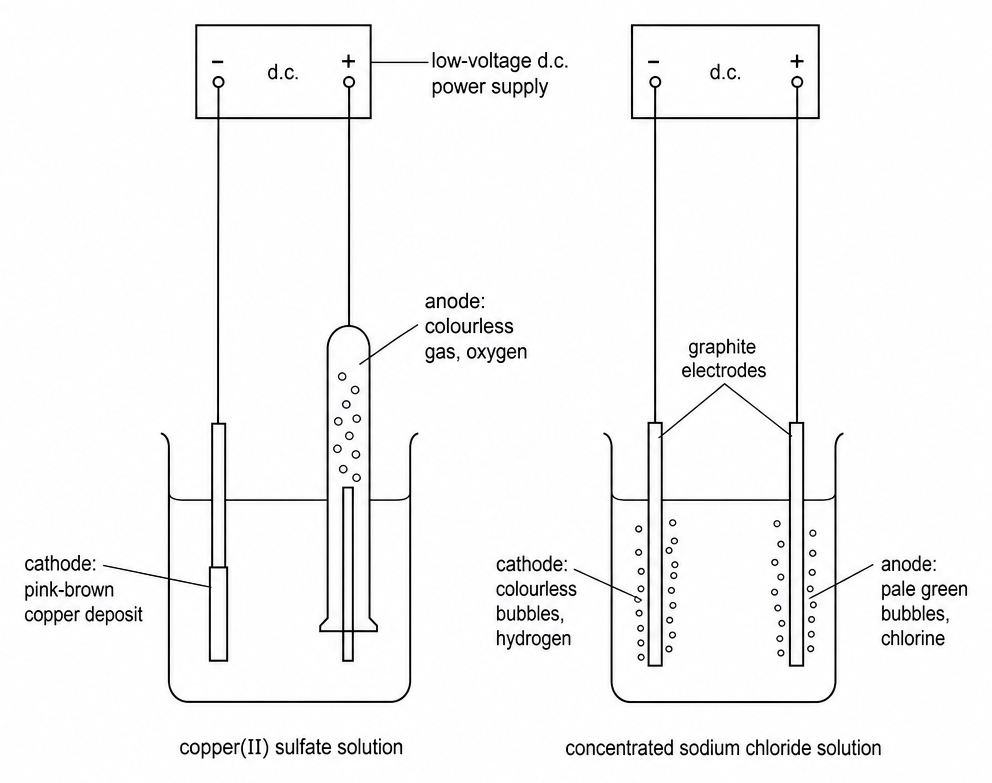 Two cells with low-voltage d.c. supplies: copper(II) sulfate solution, labelled pink-brown copper deposit at the cathode and colourless oxygen at the anode, and concentrated sodium chloride solution, labelled hydrogen and pale green chlorine.