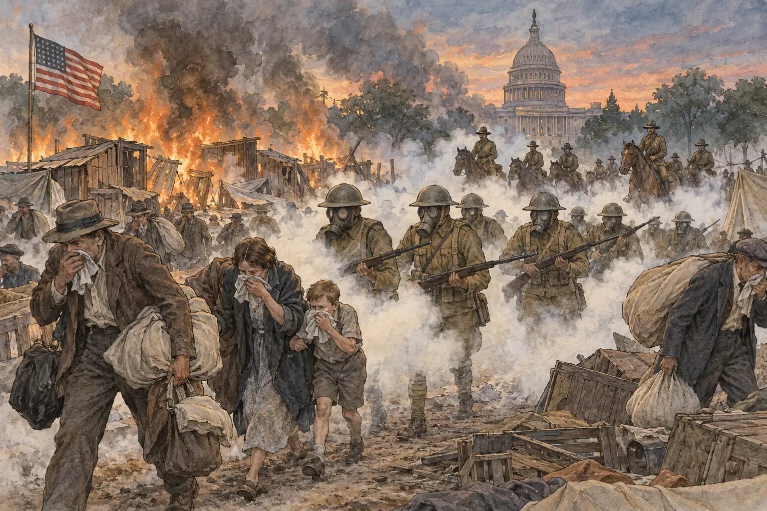 On 28 July 1932 troops under General MacArthur drove them out with tear gas and burned their camp