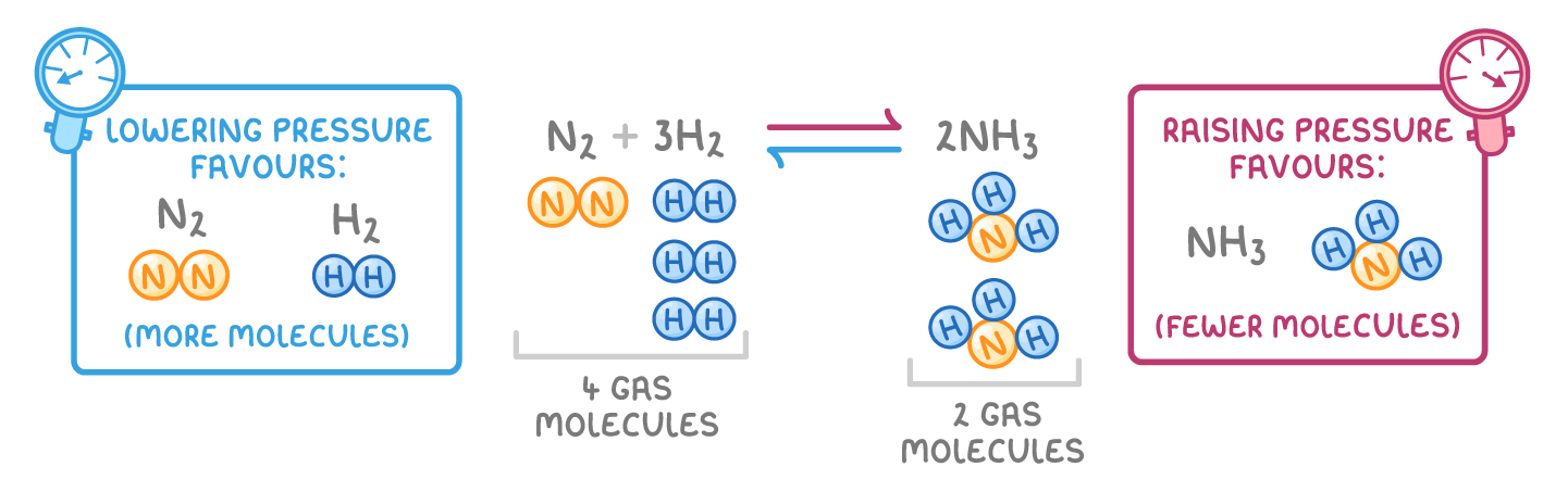 N2 + 3H2 ⇌ 2NH3 with molecule icons bracketed "4 gas molecules" and "2 gas molecules", between gauge boxes reading "lowering pressure favours" nitrogen and hydrogen and "raising pressure favours" ammonia.