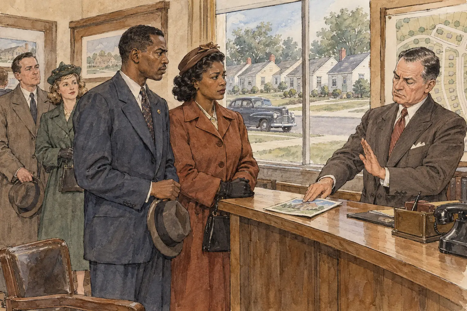 Levittown's builders refused to sell houses to African Americans, and banks' redlining kept many Black families, including war veterans, out of the new suburbs.