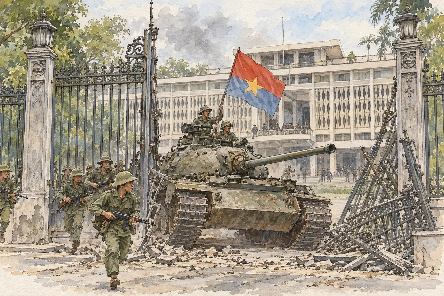 The peace did not last: on 30 April 1975 a North Vietnamese tank broke through the gates of the presidential palace in Saigon, and South Vietnam surrendered.