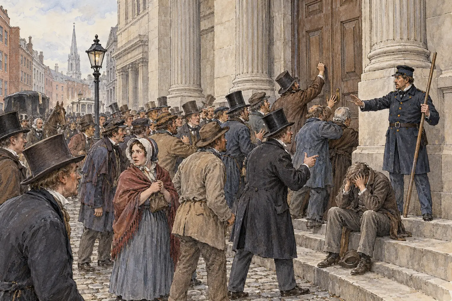 Savers outside a closed New York bank in the Panic of 1837, which left many people bankrupt or out of work