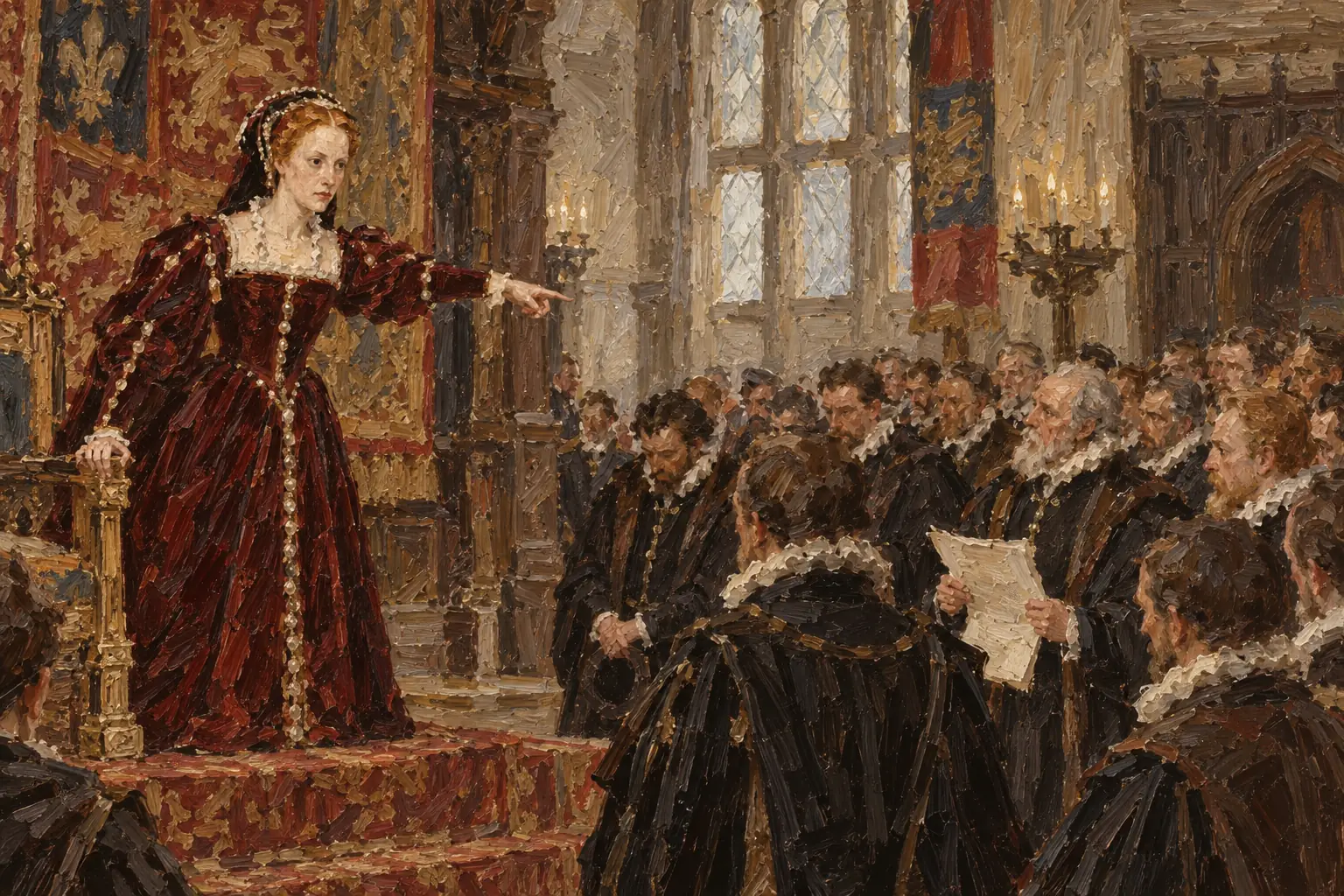 In 1566 Elizabeth sharply rebuked a delegation of both Houses that pressed her to marry and settle the succession.