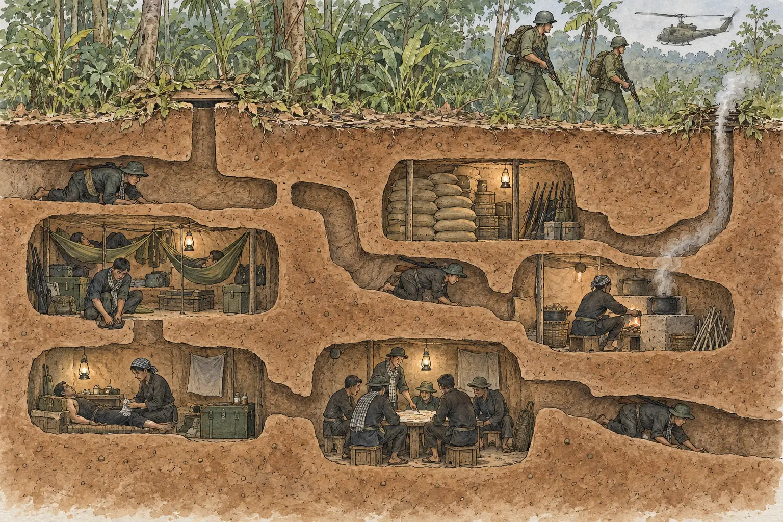 The Viet Cong dug networks of tunnels, such as those at Cu Chi near Saigon, to hide, store supplies and launch surprise attacks