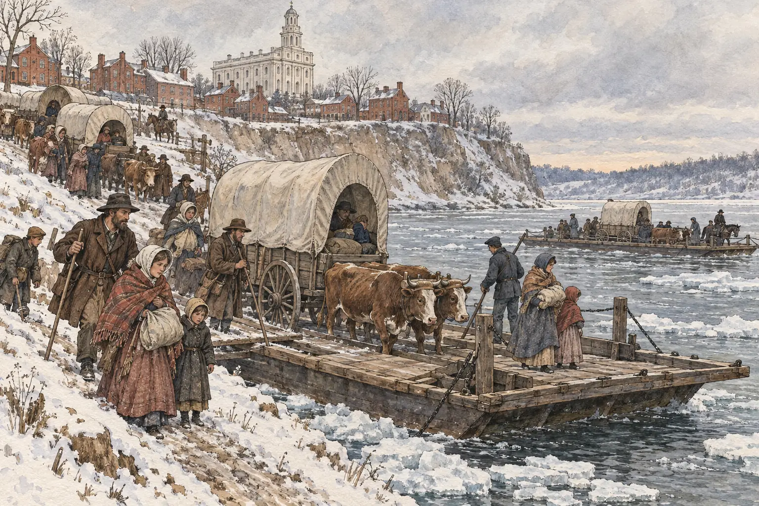 Mormon families cross the Mississippi from Nauvoo, Illinois, in February 1846