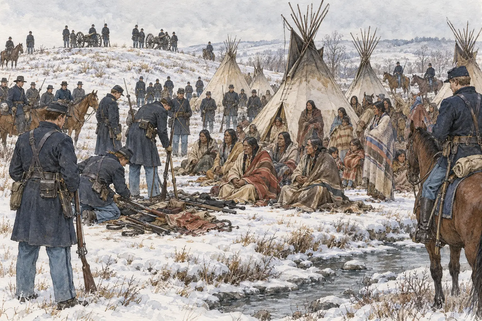 On the morning of 29 December 1890, soldiers surrounded Big Foot's band at Wounded Knee Creek and began to take away their weapons.