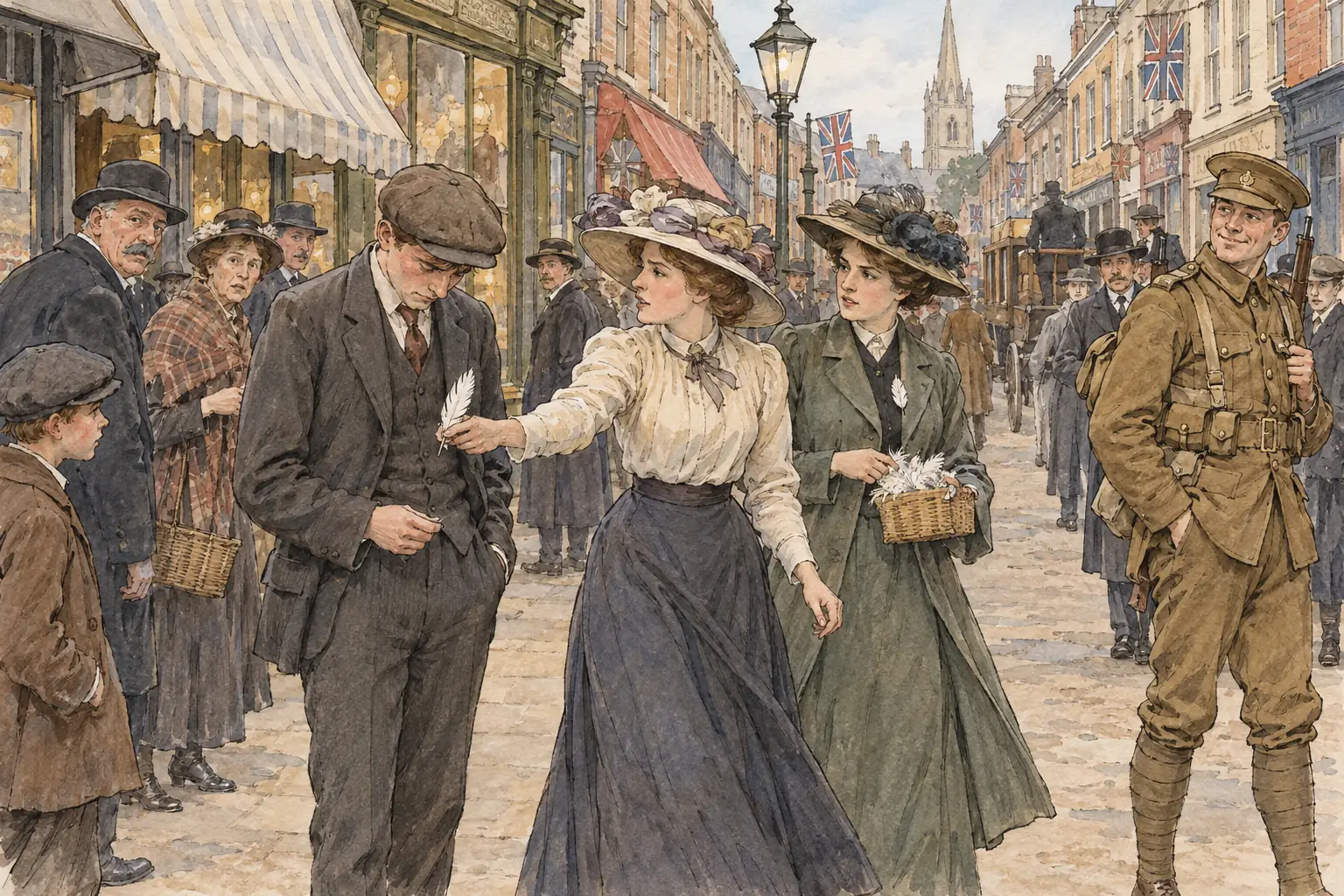 Civilians handed white feathers to men not in uniform to shame them as cowards