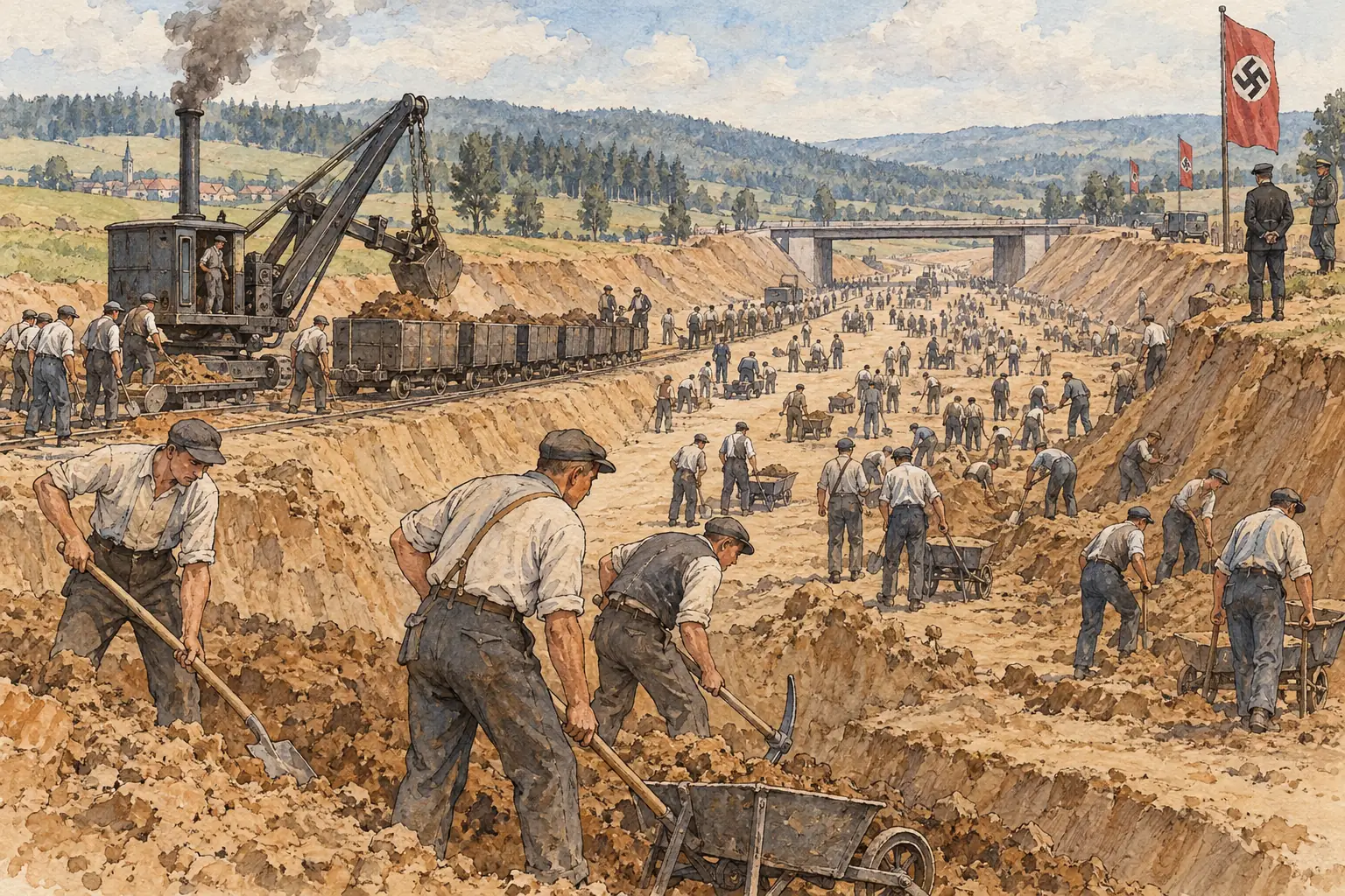 Public works such as motorway building created jobs for hundreds of thousands