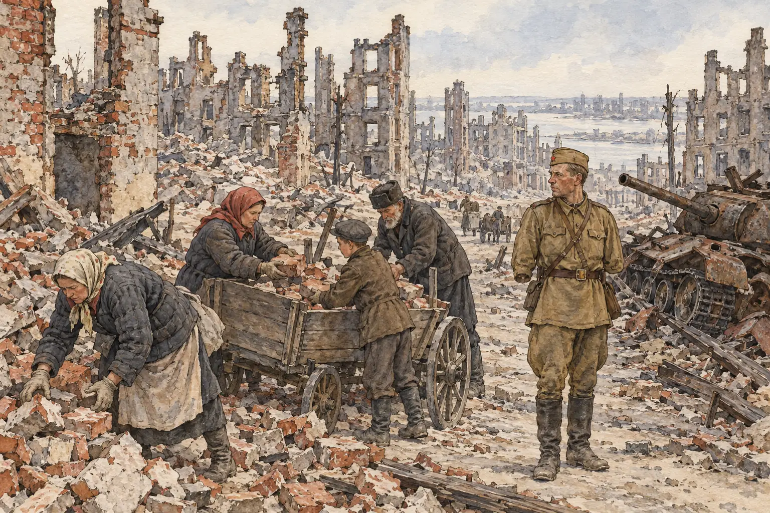 The Soviet Union had lost over 20 million people and cities such as Stalingrad lay in ruins, so its priorities were security and reparations