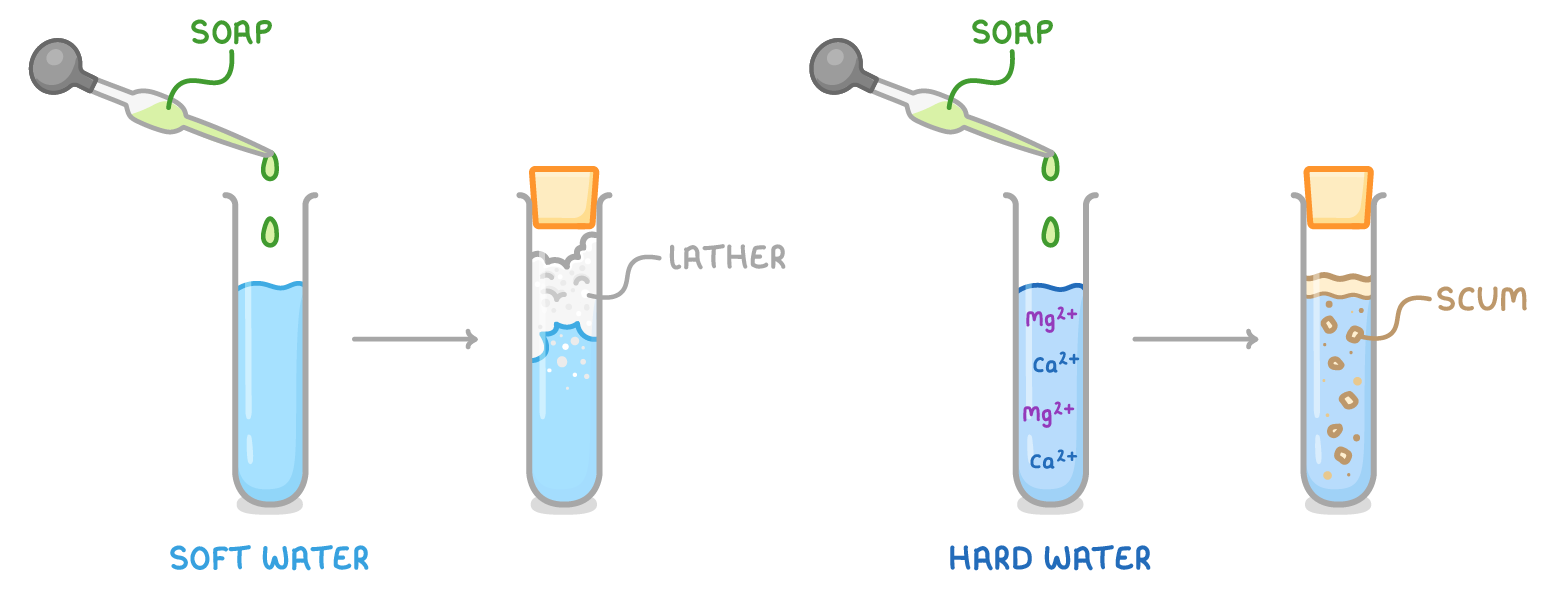 Soap is dropped into two tubes: soft water, shaken, forms a lather, while hard water containing calcium and magnesium ions forms scum instead.
