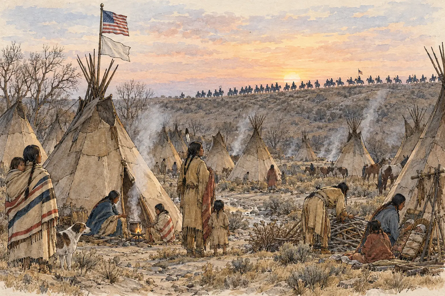 At dawn on 29 November 1864, Black Kettle's camp at Sand Creek was flying a US flag and a white flag when Chivington's militia attacked.