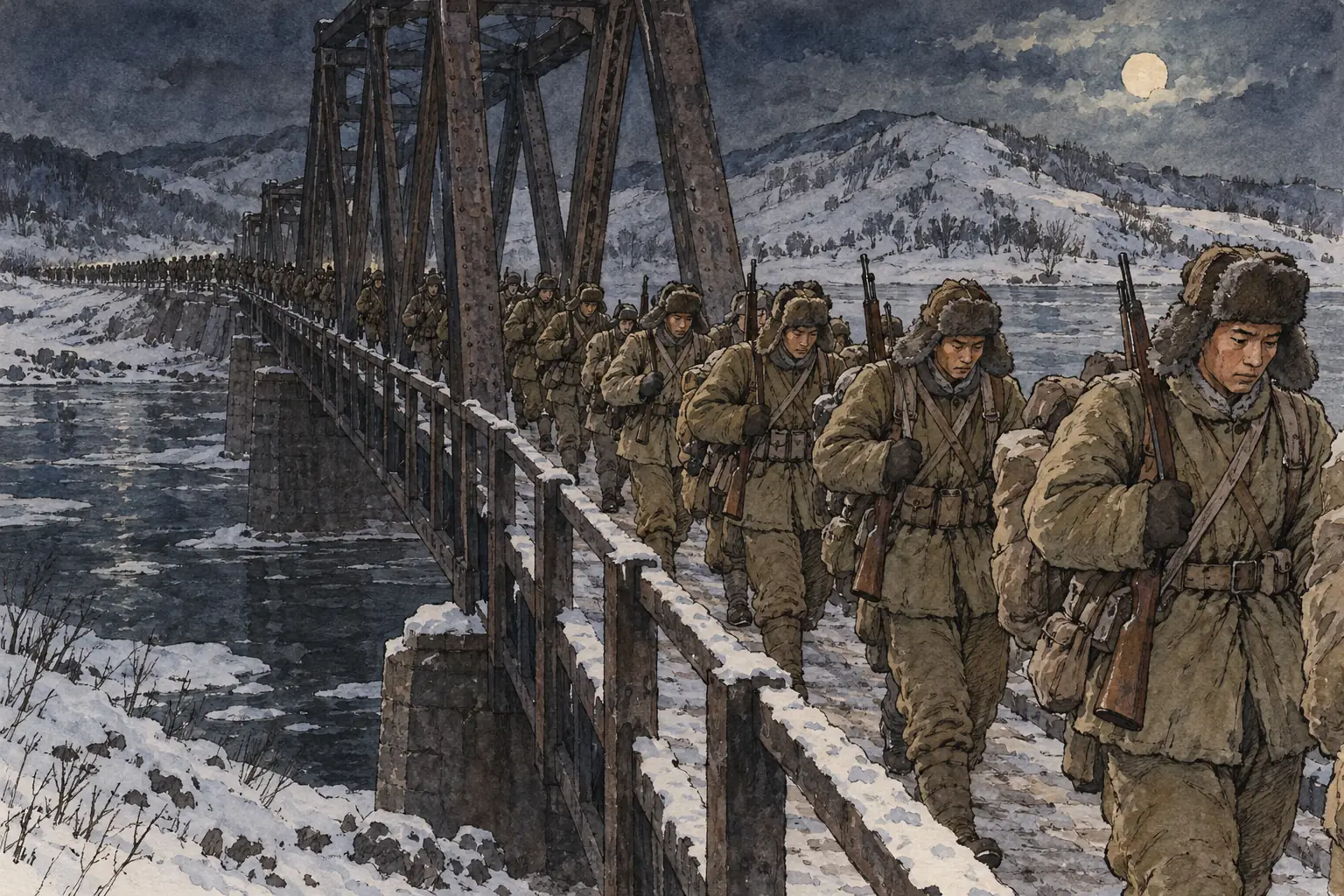 From October 1950 hundreds of thousands of Chinese troops crossed the Yalu River into Korea, marching at night to avoid being seen