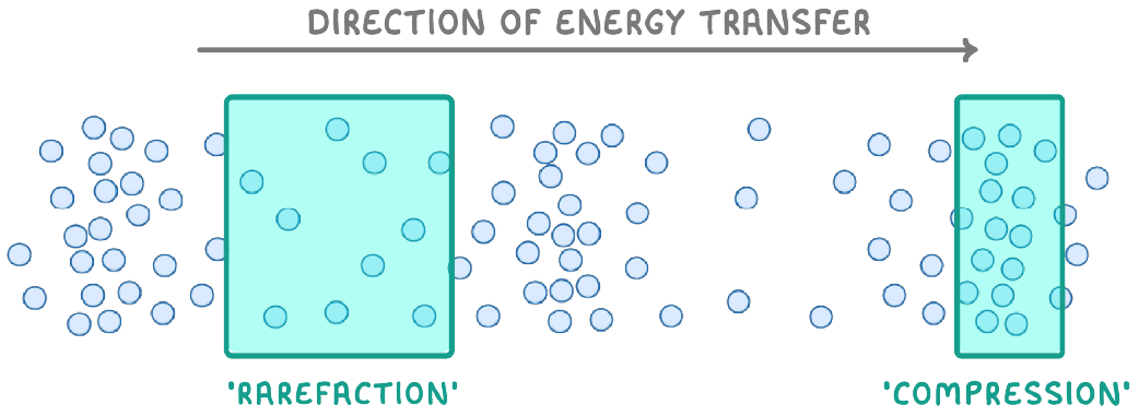 Particles spread along a line under an arrow labelled direction of energy transfer, with a sparse region boxed and labelled rarefaction and a crowded region boxed and labelled compression.
