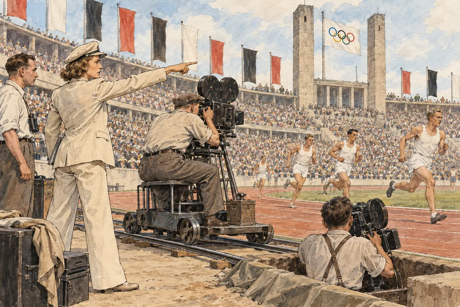 Leni Riefenstahl filmed the 1936 Olympics for Olympia (1938), using new techniques such as cameras on rails and in pits to glorify the athletes.