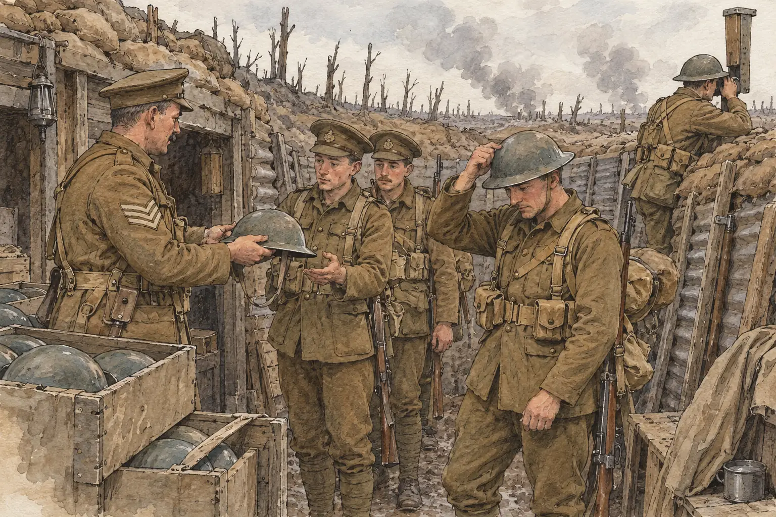 Artillery shells caused most casualties, and the Brodie steel helmet was brought in to protect soldiers' heads from shell fragments.