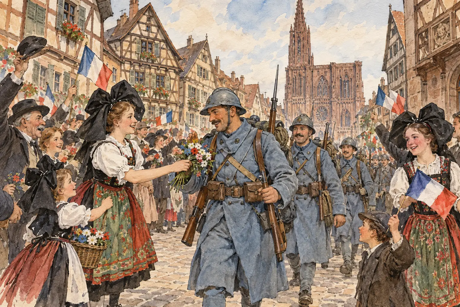 French troops are welcomed in Strasbourg in November 1918 as Alsace-Lorraine returns to France