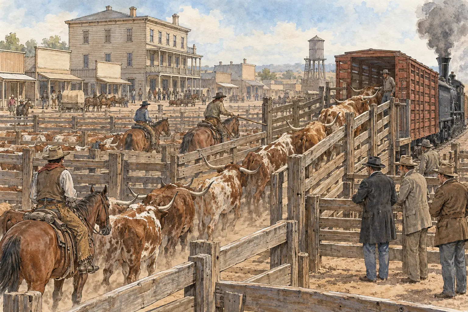 At Abilene, McCoy built stockyards and loading pens where Texas cattle were sold and loaded onto trains for the East.