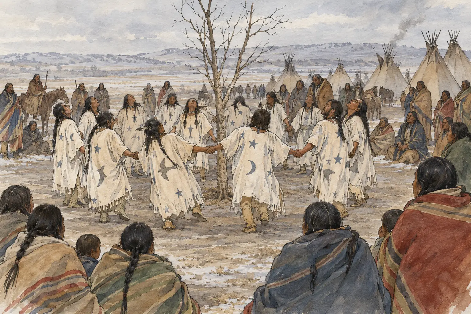 Lakota Ghost Dancers danced in a circle and wore ghost shirts that they believed would protect them from bullets.